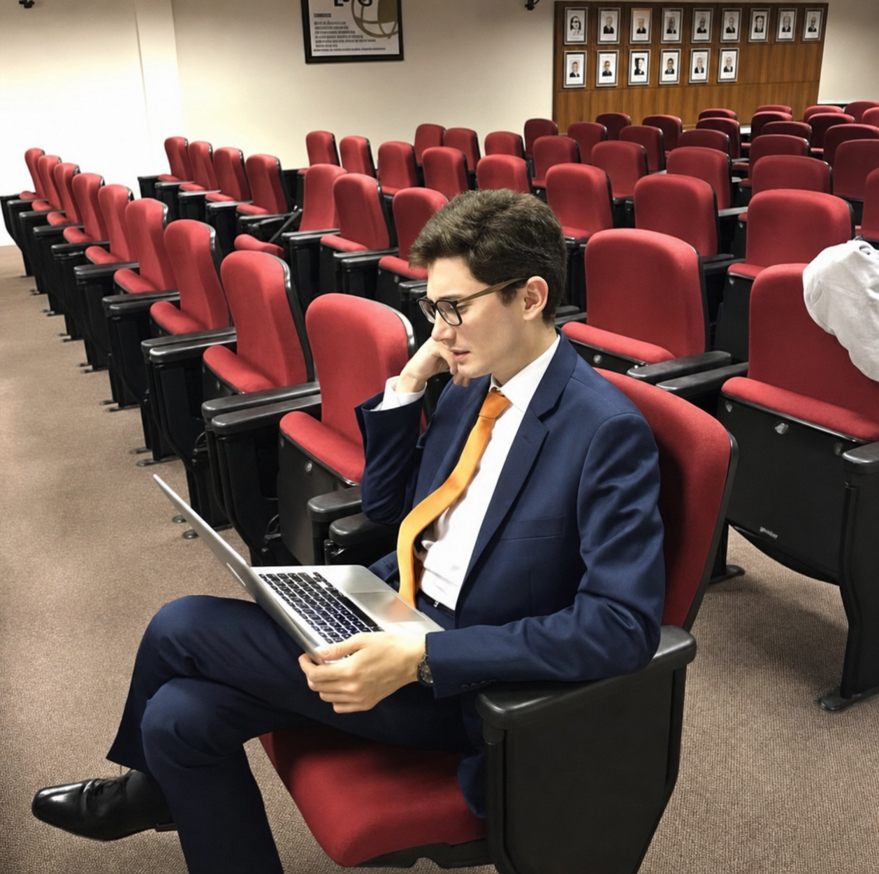 Ricardo Bortolotto Martinello trabalhando com notebook em auditório